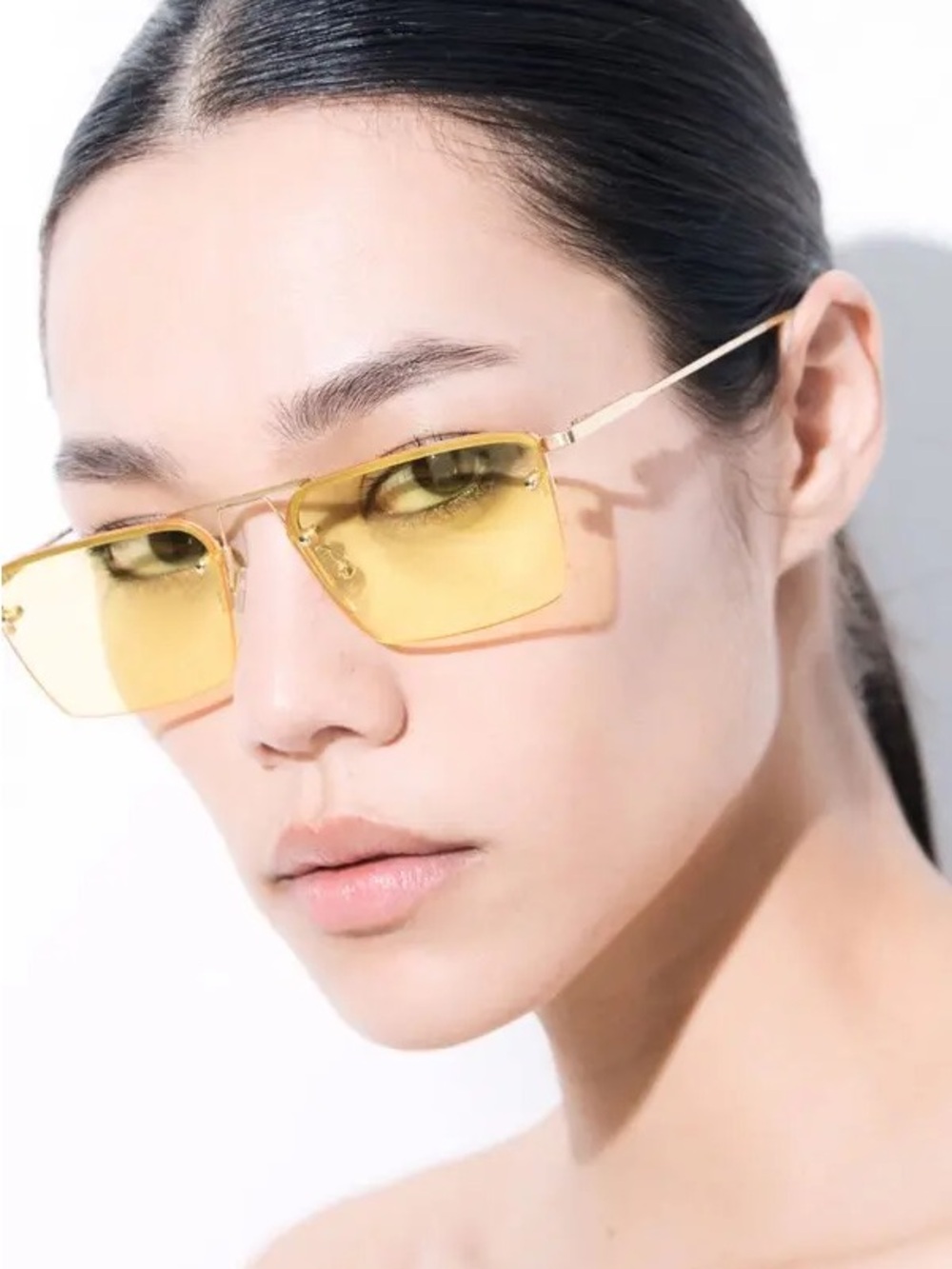COS Yellow Rimless Rectangle Sunglasses with Gold Temples